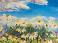 Painting of white daisies flowers, beautiful field flowers on canvas. Palette knife Impasto artwork. Royalty Free Stock Photo