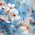 Painting of white flower buds against a blue background with dreamlike elements (tiled) Royalty Free Stock Photo