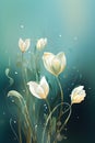 a painting of white flowers on a blue background.Gouache Painting Green Tulip, Perfect for Wall Art.