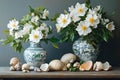 A painting of white flowers in blue and white vases on a table Royalty Free Stock Photo