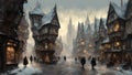 painting of a winter scene with a traditional old-fashioned english town street with snow covered medieval buildings