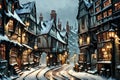 painting of a winter scene with traditional old-fashioned english town street with snow covered medieval buildings with