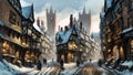 painting of a winter scene with a traditional old-fashioned town street with snow covered medieval buildings