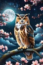 A painting of a wise owl perched on a branch, in a night of twinkling stars with moonlit, fluffy clouds, spring, tree blossoms