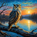 A painting of a wise owl on a wood, behind a beautiful lake, againts the sunset, reflection water, sky and clouds, forest Royalty Free Stock Photo