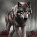 a painting of a wolf with blood on his face and nose and a rose in the foreground, with a dark background, with a single red rose Royalty Free Stock Photo