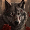 a painting of a wolf with blood on his face and a rose around his neck, with a rose in the foreground and a tree in the Royalty Free Stock Photo