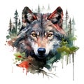 Painting wolf head in the forest on a clean background, Png for Sublimation Printing, Printable art, Wild Animals. Illustration,