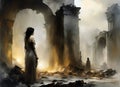 painting of a woman in a dress standing looking at another person in the in the ruins of a destroyed city