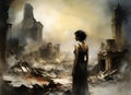 a woman in a dress standing looking at the ruins of a destroyed city