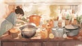 A painting of a woman preparing food in a kitchen. AI generative image.
