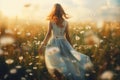 Painting woman run in field of ?amomile, Back view of beautiful young lady in a meadow of flowers Ai, Ai Generated Royalty Free Stock Photo