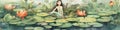A painting of a woman sitting in a pond of water lilies. Generative AI image. Royalty Free Stock Photo