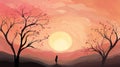 a painting of a woman standing in front of trees at sunset Royalty Free Stock Photo