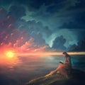 Painting of a woman at sunset Royalty Free Stock Photo