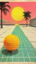 A painting of a yellow ball on the ground next to palm trees, AI