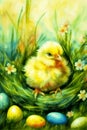 Chicken and Easter eggs in watercolor