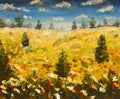 Oil painting summer landscape of a red ogange flower poppy field, blue sky clouds