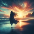 A painting of a young girl in silhouette, walking alone, on a sunset at a beautiful beach, vintage touch, vibrant colors Royalty Free Stock Photo