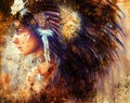 Painting of a young indian woman wearing a big feather headdress, a profile portrait on structured abstract background.