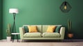 Paintings of cactus and hexagons hanging over a cozy sofa and many pillows. Generative Ai Royalty Free Stock Photo