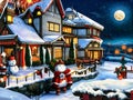 Paintings of night landscapes with beautiful houses and full moons. Merry Christmas. Royalty Free Stock Photo