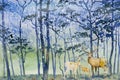 Paintings snow falls in forest winter and deer family