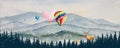 Paintings snow falls in forest winter watercolor landscape panorama of hot air balloon and deer family