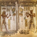 Paintings on a wall in the tomb of Rameses III, number 11, in the Valley of the Kings in Luxor, Egypt.