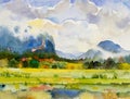 Paintings watercolor landscape of village mountain hill