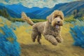 paintng of Lagotto Romagnolo labradoodle running outdoors happy illustration