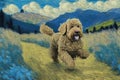 paintng of Lagotto Romagnolo labradoodle running outdoors happy illustration