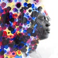 Paintography. African man with traditional style face paint dissolving behind colorful watercolor dots