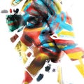 Paintography. Double exposure of an attractive male model with closed eyes and hand covering face combined with colorful hand