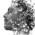 Paintography. Double exposure of an attractive male model combined with hand drawn paintings with lines and geometry, black and