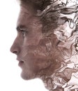 Paintography. Double exposure of an attractive male model combined with hand drawn paintings of wavy lines