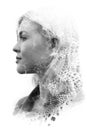 Paintography. Double Exposure portrait of a young beautiful woman combined with hand drawn ink painting using unique technique