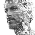 Paintography. Double exposure. Close up portrait of man with strong features and light beard dissolving behind hand painted floral