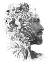 Paintography. Double exposure portrait of a man with strong features combined with handmade painting of flowers and leaves which