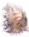 Paintography. Double exposure. Close up of an attractive model combined with hand drawn ink painting seemingly dissolving her face Royalty Free Stock Photo