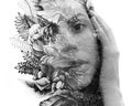 Paintography. Double exposure close up portrait of a young natural beauty, with face and hair combined with hand drawn leaves and