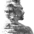 Paintography. Double exposure of an attractive male model combined with hand drawn painting, black and white