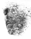 Paintography. Double exposure of an attractive male model with closed eyes combined with hand drawn paintings with lines and