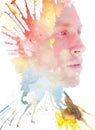 Paintography. Double exposure profile portrait of a man with strong features combined with handmade painting of colorful cloudy
