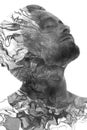 Paintography. Double exposure of an attractive male model combined with hand drawn paintings of wavy lines, black and white