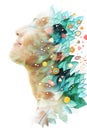 Paintography. Double exposure profile of a young natural beauty with closed eyes, relaxing as her face and hair combine with hand Royalty Free Stock Photo