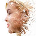 Paintography. Double exposure profile of a young natural beauty, with face and hair combined with hand drawn leaves and flowers Royalty Free Stock Photo