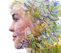 Paintography. Double exposure profile of a young natural beauty, with face and hair combined with colorful hand drawn leaves Royalty Free Stock Photo