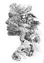 Paintography. Double exposure profile of a young natural beauty, with face and hair combined with hand drawn leaves and flowers Royalty Free Stock Photo