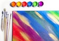 Painting on canvas. Jars with colorful art paint and brushes Royalty Free Stock Photo